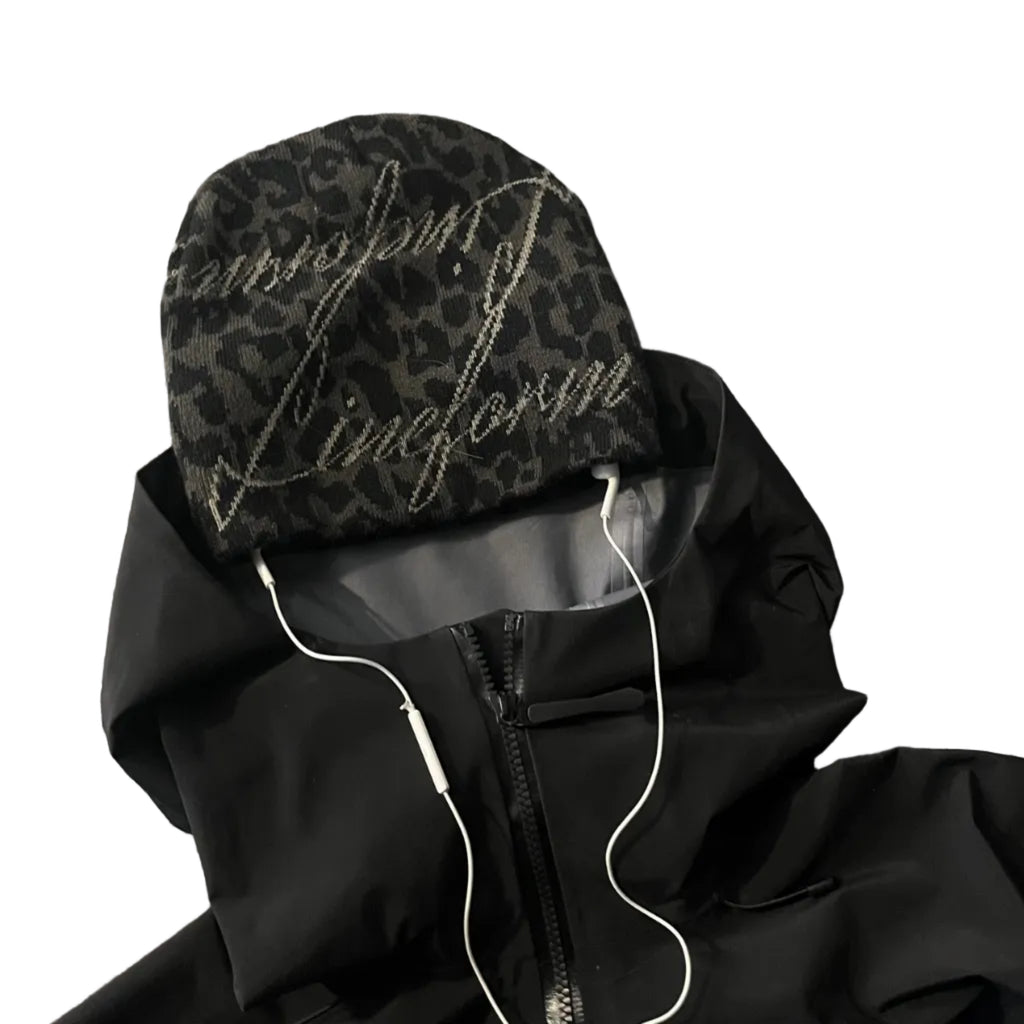 Black leopard signature beanie